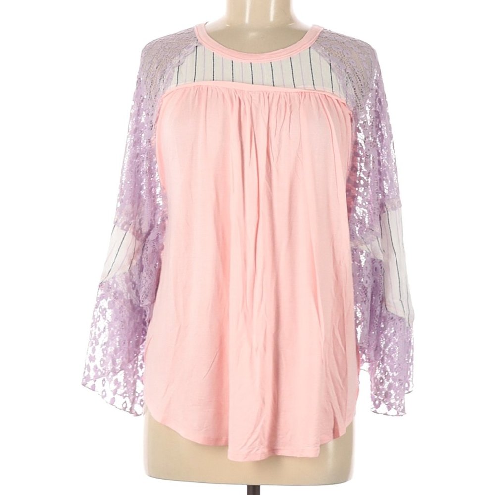 Pink Purple Lace Stripe Wide Sleeve Top Shirt Medium